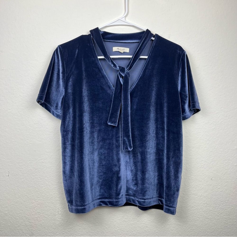 Madewell Soft Blue Velvet Top with Necktie- Size Medium - Picture 2 of 4